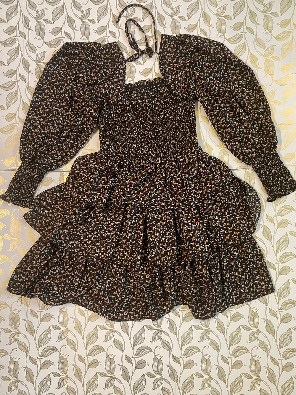 Smocked Black Floral Woman’s Dress with Puff Sleeves